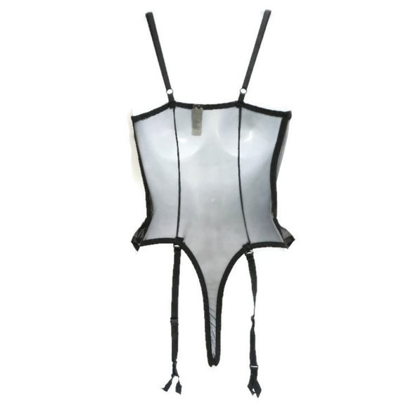 Vintage 90s Victoria's Secret Lingerie Teddy Underwire Black Garter Rosettes 34C - Picture 2 of 8